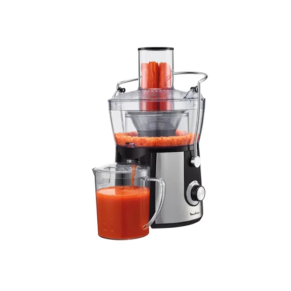 Moulinex Centrifugal Juicer JU550D27 in black and stainless steel, actively processing carrots, with a clear jug collecting fresh orange carrot juice. Excellent appliance for making healthy, natural fruit and vegetable juices for the whole Kenyan family.