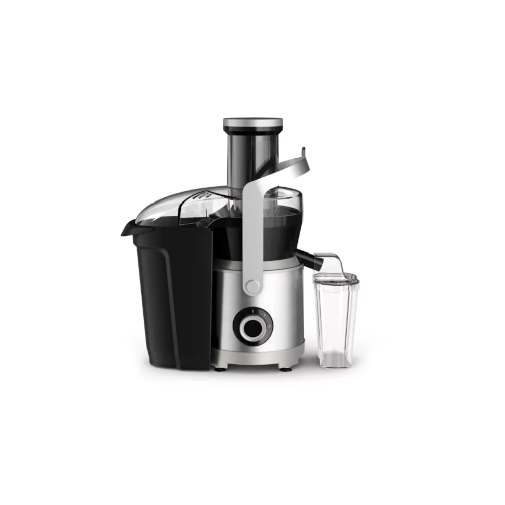 Moulinex Juicer with Centrifugal design (JU660D27) with a large fruit chute, stainless steel exterior, and powerful motor. Features a black pulp collector and a clear juice collecting cup. Perfect for fast, high-volume juice extraction from whole fruits for family use in Kenya.