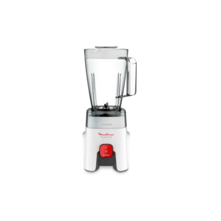 White Moulinex Blendforce Compact Blender (LM241B27) with a clear plastic jug and a prominent red one-touch pulse button. This simple, easy-to-use kitchen appliance is ideal for quickly preparing Kenyan favorites like light soups, sauces, or baby food.