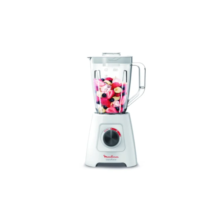 White Moulinex Blendforce Blender (LM422127) with a glass jug filled with fresh berries, bananas, and fruit for smoothies. Features a strong motor and rotary dial control, ideal for crushing ice and preparing thick milkshakes popular across Kenyan households