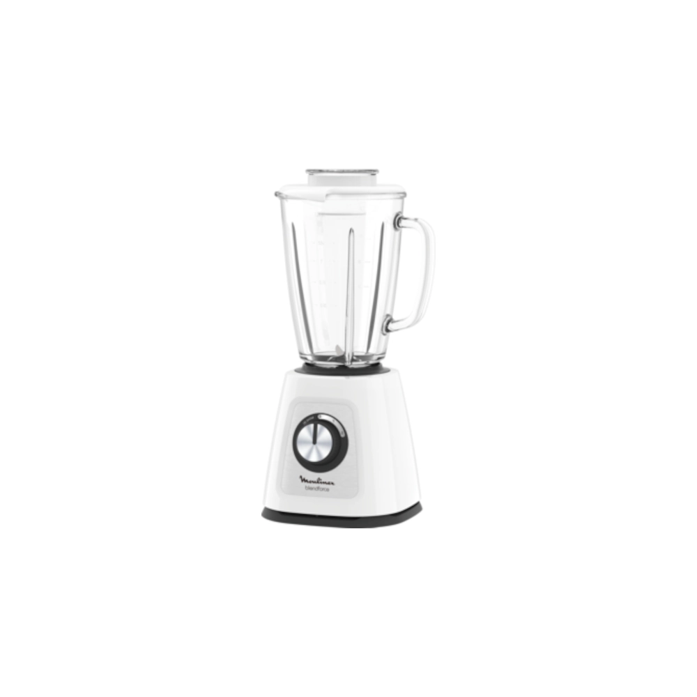 White Moulinex Blendforce Glass Blender LM438127 with a large capacity glass jug and base with a rotary speed control dial. Durable appliance for blending hot or cold ingredients like juices, soups, or ugali porridge in Kenyan kitchens.
