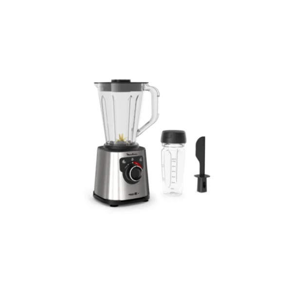 Moulinex Powermix High-Speed Blender LM88HD27 with a stylish brushed stainless steel base and glass jug. The set includes a personal travel cup/shaker bottle and spatula, perfect for Kenyan health enthusiasts making fast, professional-grade smoothies and protein shakes.