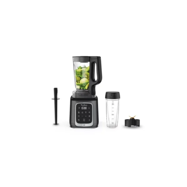 Moulinex High-Speed Digital Blender LM91HD27 in charcoal black with a clear glass jug filled with avocado. Features an LED display, automatic programs, a tamper, and a personal cup, ideal for Kenyan chefs demanding precision for soups, baby food, and thick health bowls.