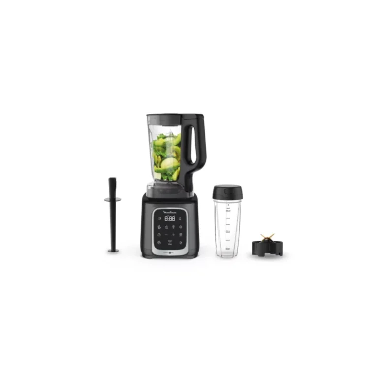 Moulinex High-Speed Digital Blender LM91HD27 in charcoal black with a clear glass jug filled with avocado. Features an LED display, automatic programs, a tamper, and a personal cup, ideal for Kenyan chefs demanding precision for soups, baby food, and thick health bowls.