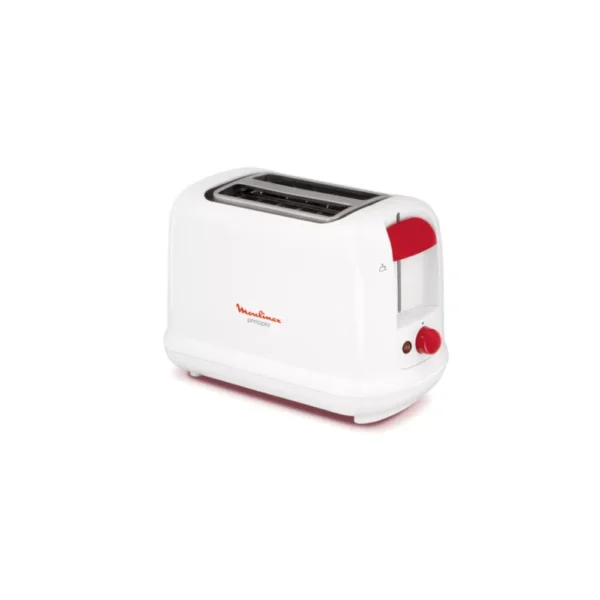White Moulinex Subito 2-Slice Toaster LT160127 with red control lever and browning dial. Basic, reliable toaster ideal for preparing quick breakfast toast or heating pastries for Kenyan families.