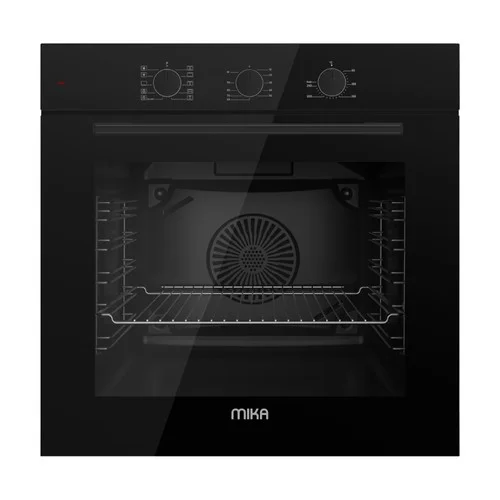 Black Mika Built-In Oven (MBV14101MBG). Large 73L capacity, 8 functions with convection, grill, and rotisserie features.