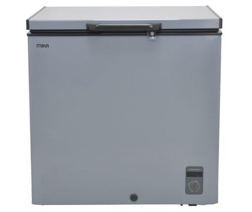 Mika 150L Chest Freezer (MCF197ADG). Dark Grey, Tropicalized, 1-door, lock & key, LED light, and internal sliding glass lid.