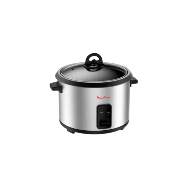 Silver Moulinex Rice Cooker MK123D27 with a stainless steel body and clear glass lid. Features 'Cook' and 'Warm' indicator lights, ideal for efficiently preparing perfectly cooked rice, pilau, or ugali porridge for the Kenyan family.