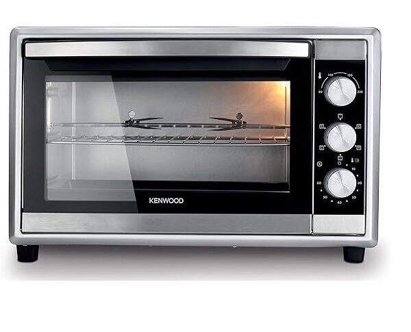 Silver Kenwood MOM45 45L Toaster Oven. Powerful 1800W, convection, and rotisserie function for baking and grilling.
