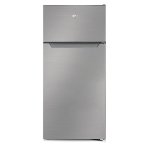 Mika 112L Double Door Fridge (MRDCD112LSD). Silver, Direct Cool, separate freezer, glass shelves, and energy-saving 65W.