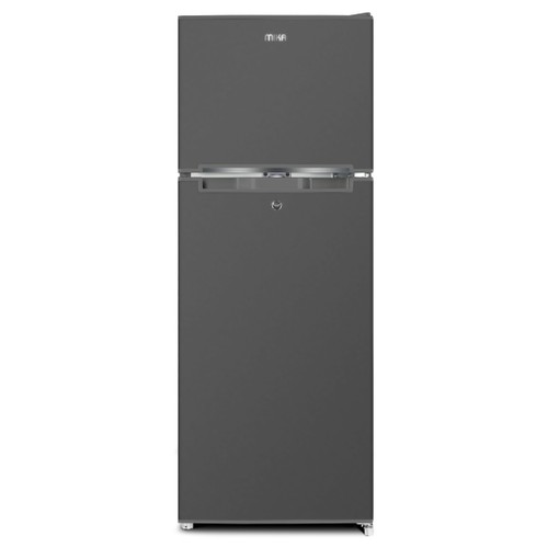 Mika 138L Double Door Fridge (MRDCD138DS). Dark Silver, Cool Pack, toughened glass shelves, and energy-efficient 120W power.