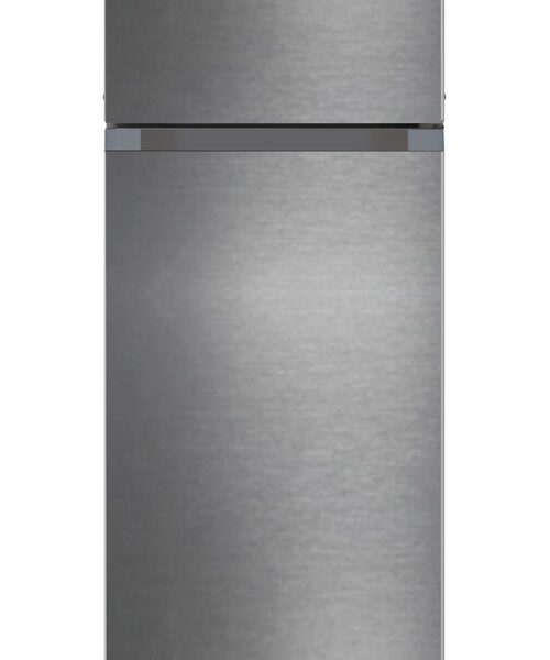 Mika 211L Double Door Fridge (MRDCD211XLB). Silver Inox, Direct Cool, glass shelves, lockable door, and energy-efficient.