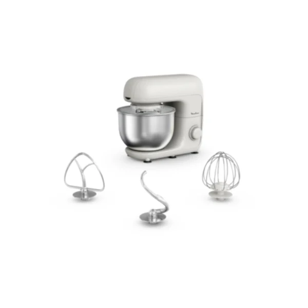 White Moulinex PrepLine Kitchen Machine QA160127 (Stand Mixer) with a stainless steel bowl and three attachments: a whisk, dough hook, and beater. Essential baking appliance for kneading heavy bread dough and whipping cream for special occasions in Kenyan households.