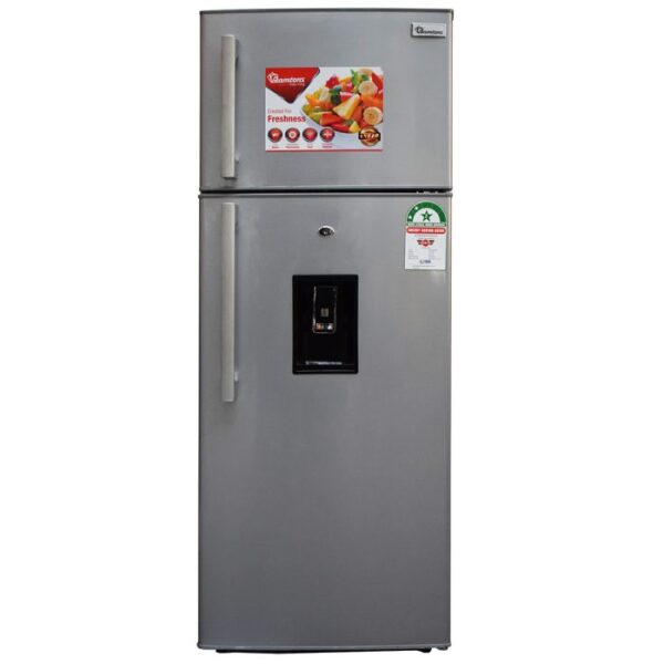 Ramtons 213L 2-Door Fridge (RF/130). Silver, Water Dispenser, Direct Cool, lockable door, and energy-efficient 130W rating.
