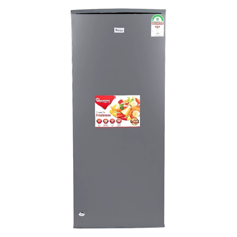 Ramtons 128L 2-Door Fridge (RF/140). Silver finish, Direct Cool, lockable door, vegetable box, and energy-efficient 100W.