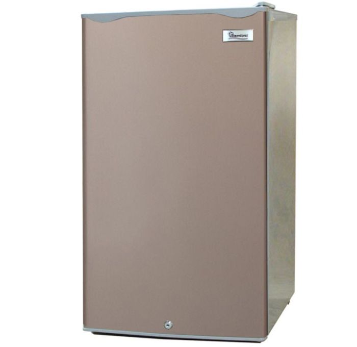 Ramtons 50L Bar Fridge (RF/210). Silver finish, compact design, lockable door, and energy-efficient 80W power consumption.