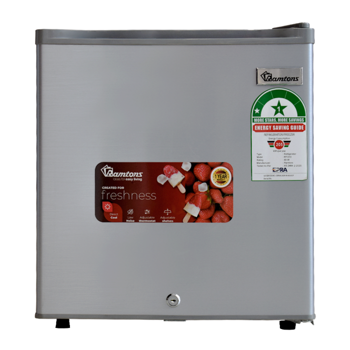 Ramtons 50L Bar Fridge (RF/213). Silver finish, lockable door, reversible door, and space-saving flush back design.