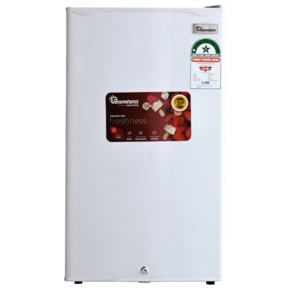 Ramtons 90L Single Door Fridge (RF/214). White finish, Direct Cool, lockable door, can holder, and energy-efficient 90W.