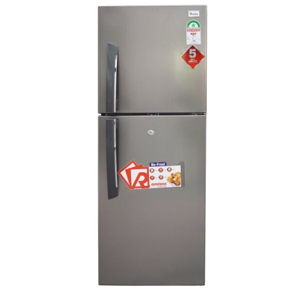 Ramtons 196L Double Door Fridge (RF/239). Silver finish, No-Frost technology, glass shelves, and energy-efficient 150W.