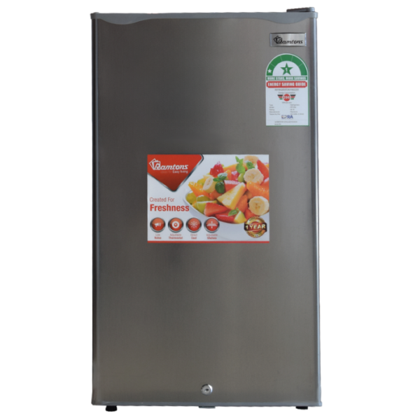 Ramtons 128L Single Door Fridge (RF/256). Silver finish, Direct Cool, lockable door, and energy-efficient 100W power.