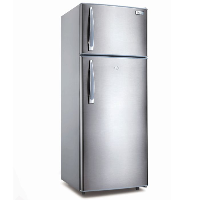Ramtons 213L 2-Door Fridge (RF/257). Silver finish, Direct Cool, lockable door, vegetable box, and energy-efficient 145W.