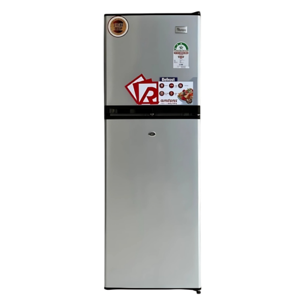 Ramtons 200L 2-Door Fridge (RF/349). Silver finish, Direct Cool, lockable door, vegetable box, and energy-efficient 140W.