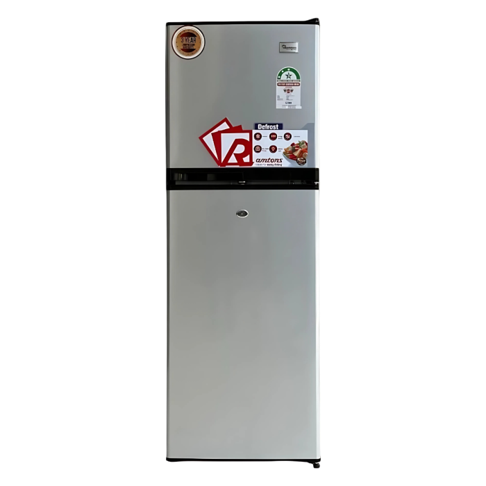 Ramtons 200L 2-Door Fridge (RF/349). Silver finish, Direct Cool, lockable door, vegetable box, and energy-efficient 140W.