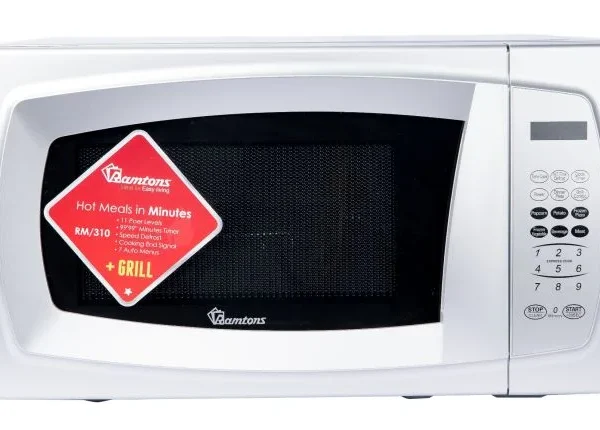 Silver Ramtons RM/310 20L Digital Microwave with Grill. Features 700W microwave and 1000W grill for efficient cooking and browning.