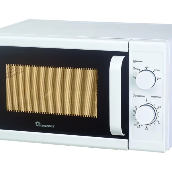 White Ramtons RM/328 20L Manual Solo Microwave. Durable 700W model with simple dial controls and defrost by time/weight function.