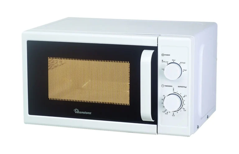 White Ramtons RM/328 20L Manual Solo Microwave. Durable 700W model with simple dial controls and defrost by time/weight function.