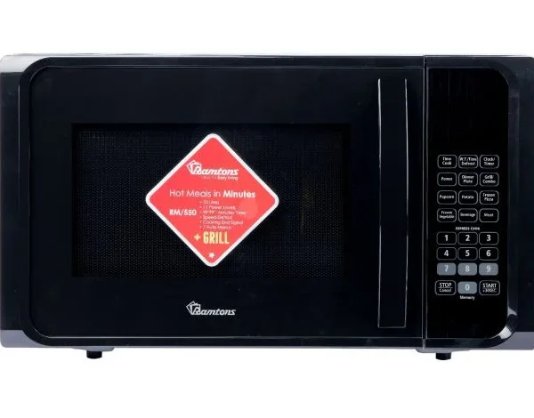 Black Ramtons RM/550 23L Digital Microwave with Grill. Features 800W MW, 1000W Grill, and 7 Auto Menus for efficient meals.