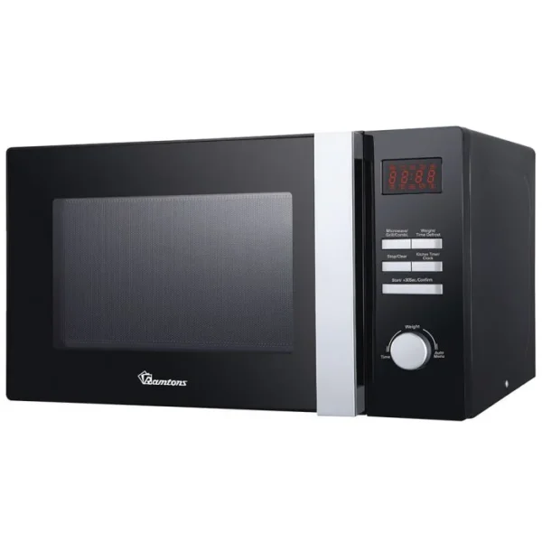 Black Ramtons RM/551 25L Digital Microwave with Grill. Features 900W MW, 1000W Grill, and 7 Auto Menus for efficient meals.