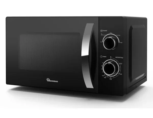Black Ramtons RM/557 20L Manual Solo Microwave. Durable 700W model with twin dial controls and defrost by time/weight function.