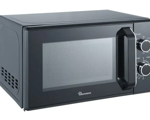 Black Ramtons RM/573 20L Manual Solo Microwave. Features 700W power, 5 levels, and simple dual dial controls.
