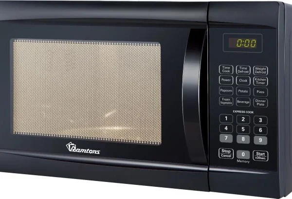Black Ramtons RM/588 23L Digital Solo Microwave. Features 800W power, 11 levels, and 7 Auto Menus for convenient family reheating.
