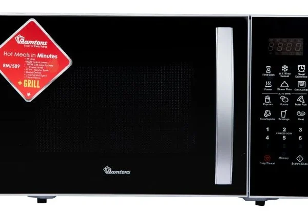 Black Ramtons RM/589 23L Digital Microwave with Grill. Features 800W MW, 1000W Grill, and 7 Auto Menus for efficient meals.