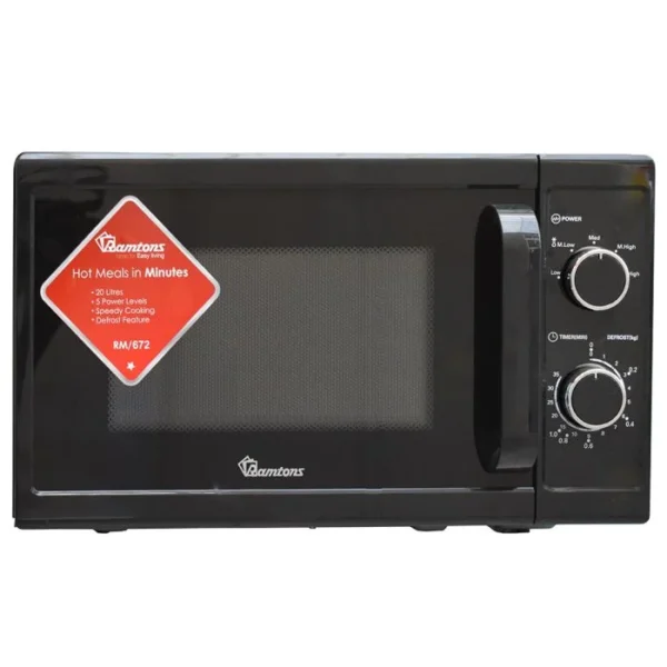 Black Ramtons RM/672 20L Manual Solo Microwave. Features simple dial controls, 700W power, 5 levels, and speedy cooking defrost.