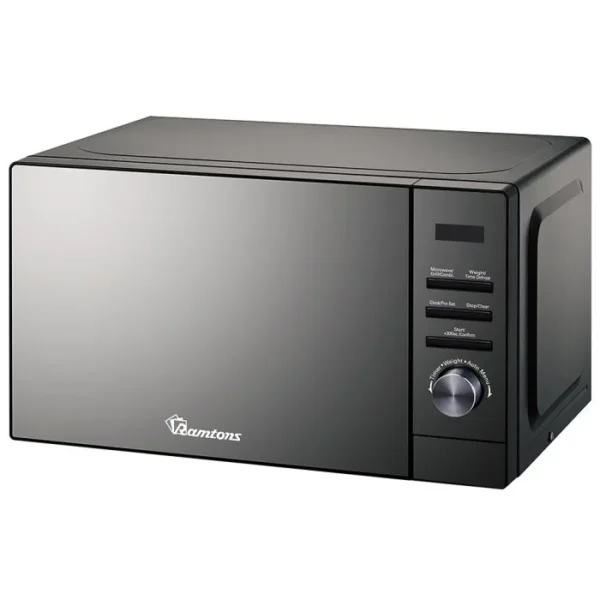 Black Ramtons RM/682 20L Digital Microwave with Grill. Features mirror finish, 700W MW, 1000W Grill, and 8 Auto Menus.