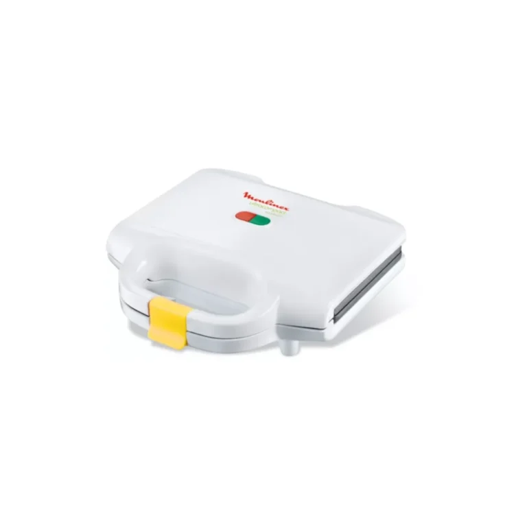 White Moulinex Sandwich Maker SM154042 with a secure yellow handle clip. Features red/green indicator lights and non-stick cutting plates. Ideal appliance for making perfectly sealed, toasted sandwiches and quick snacks for school or work in Kenya.