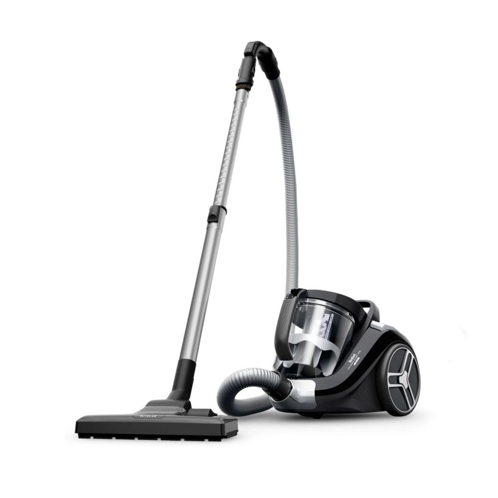 Black and grey Tefal Canister Vacuum Cleaner (TW4B25HA) with a powerful motor, large dust container, telescopic metallic tube, and floor brush attached. Bagless vacuum cleaner ideal for efficiently cleaning hard floors and rugs in Kenyan homes.