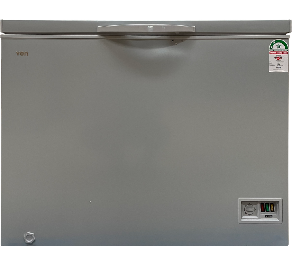 Von 245L Chest Freezer (VAFC25DKG). Grey, Tropicalized, 1-door, lock & key, LED lighting, and 5-year compressor warranty.