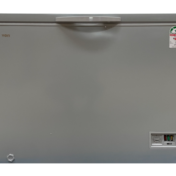 Von 245L Chest Freezer (VAFC25DKG). Grey, Tropicalized, 1-door, lock & key, LED lighting, and 5-year compressor warranty.