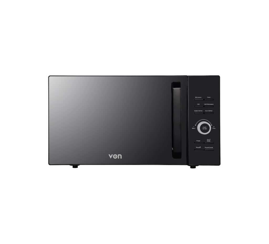 Von VAMG-21DGK 21L Digital Grill Microwave, black. Offers 5 power levels and a combination grill function for baking and reheating.