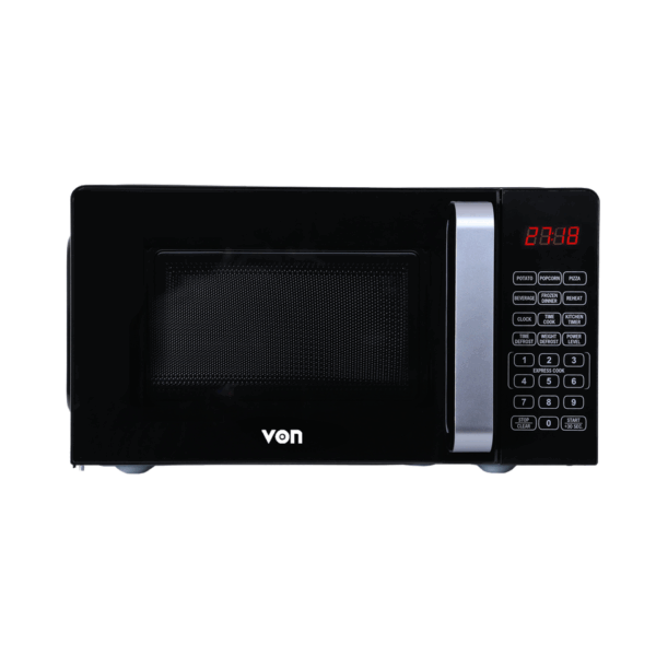 Silver Von VAMS-20DGX 20L Solo Digital Microwave, 700W. Features 6 Auto Cook menus for quick, precise reheating in Kenyan homes.