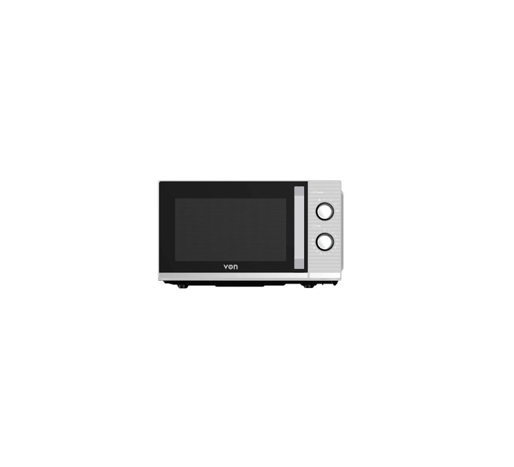 Silver Von VAMS-22MGX 20L Mechanical Solo Microwave. Higher power 800W model with simple dials for quick reheating and defrost.