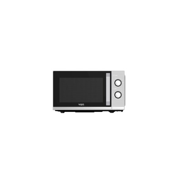 Silver Von VAMS-22MGX 20L Mechanical Solo Microwave. Higher power 800W model with simple dials for quick reheating and defrost.
