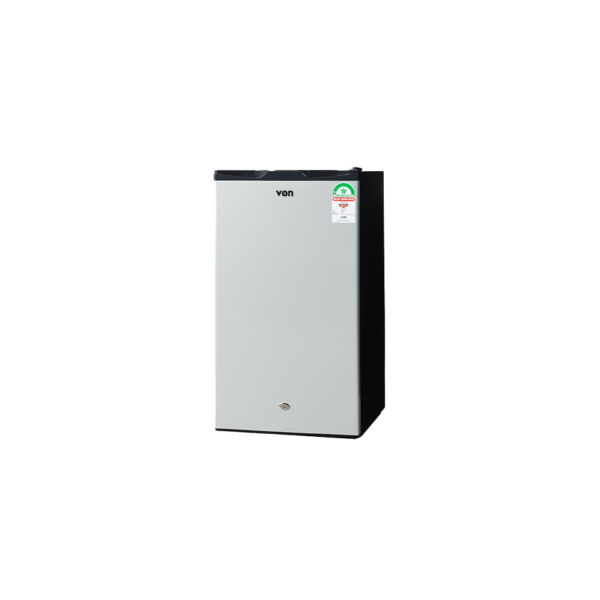 Von 90L Single Door Fridge (VARM-11DHS). Silver, Direct Cool, chiller compartment, wire shelf, and lock with key.