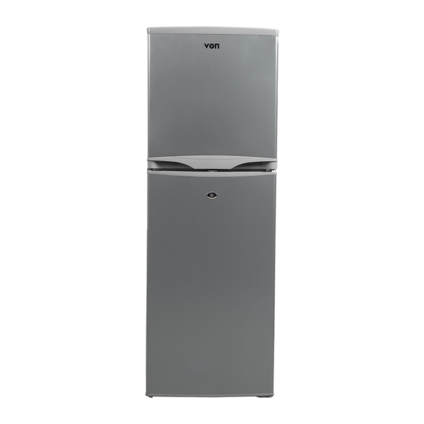 Von 144L Double Door Fridge (VART-22DHS). Silver, Direct Cool, 4-star freezer, toughened glass shelves, and lock with key.