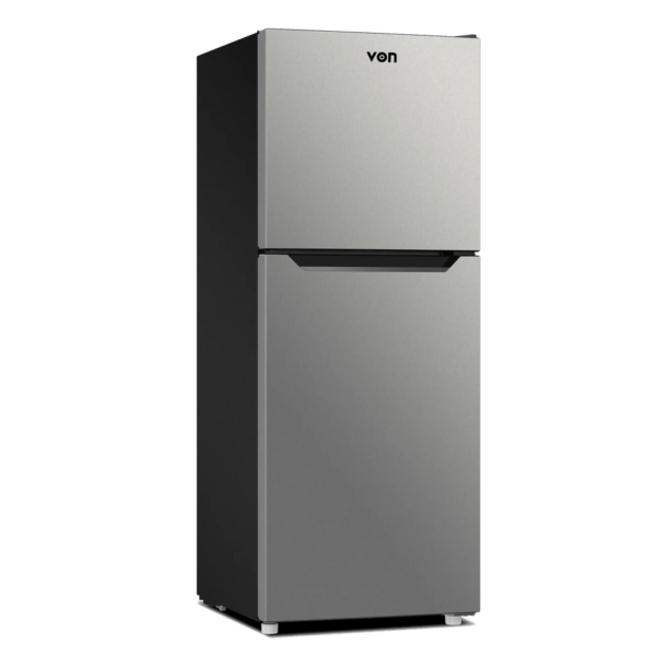 Von 220L Double Door Fridge (VART-25NHS). Silver, No-Frost, extra-large chiller, glass shelves, and A+ energy efficiency.
