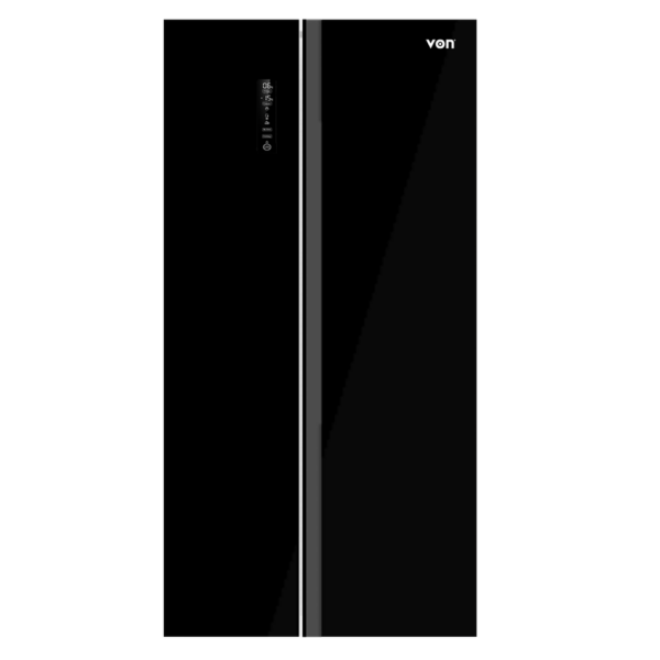 Von 429L Side-by-Side Fridge (VARZ-20NHK). Black Mirror Glass, No-Frost, Digital Control, and 10-year compressor warranty.